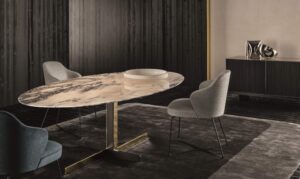 Jídelní stůl Catlin, design Rodolfo Dordoni. Tvarová a materiálová proměna se týká i jídelních stolů. MINOTTI: STOPKA